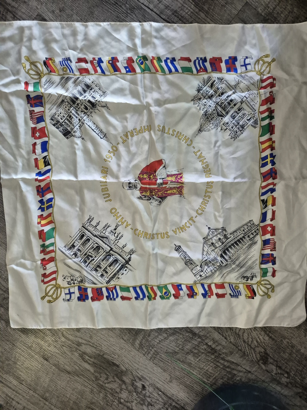 Vintage 1950 Vatican Holy Year Silk Scarf Pope Pius XII Jubilee Memorabilia Rome